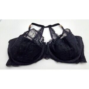 Cacique Racerback Lace Peek A Boo Plunge Lightly Lined Black Bra Underwire 42G